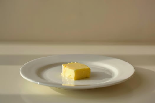 Single piece of butter melting on white plate under sunlight photo