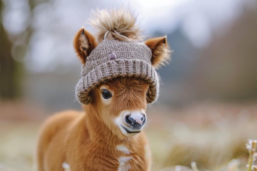 Adorable foal wearing knitted winter hat in meadow photo