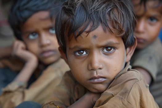 Portrait of poor indian children looking sad and destitute photo