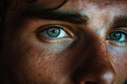 Young man showing beautiful light blue eyes and freckles, close up portrait photo