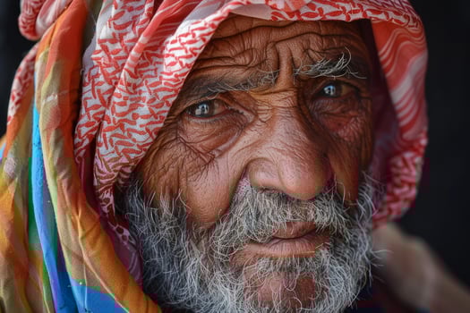Portrait of bedouin senior man wearing traditional keffiyeh looking hopeful photo