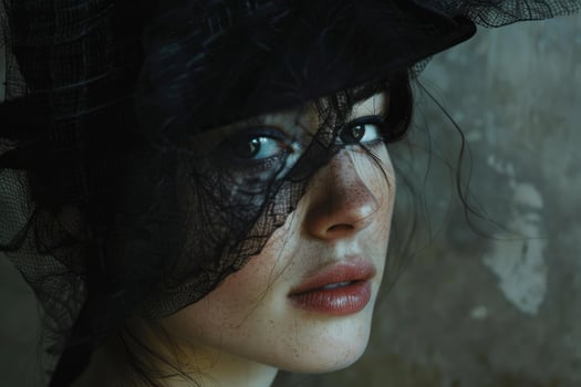 Mysterious woman wearing black veil and hat posing in front of grunge wall photo