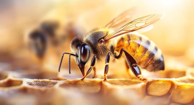 Busy bee gathers nectar and pollen while perched on honeycomb in a vibrant organic farm setting. This moment highlights the vital role of bees in sustainable beekeeping and honey production. photo