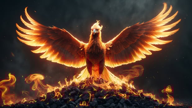 Majestic phoenix rising from the ashes, showcasing vibrant flames and incredible wings against a dark background photo