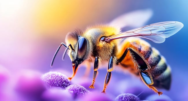 A honey bee forages among colorful flowers in an organic garden during bright daylight. The bee is collecting nectar while surrounded by various blooms, showcasing nature's beauty. photo