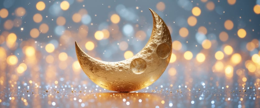 Golden crescent moon on glittering background for festive celebrations photo