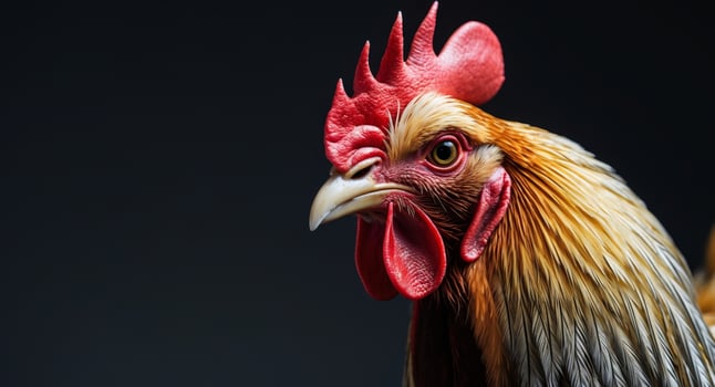A close up of a rooster's head with a black background photo