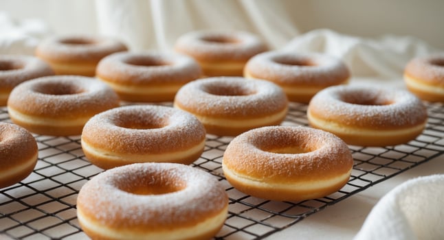 Delicious donuts with sugar powder on cooling rack. photo