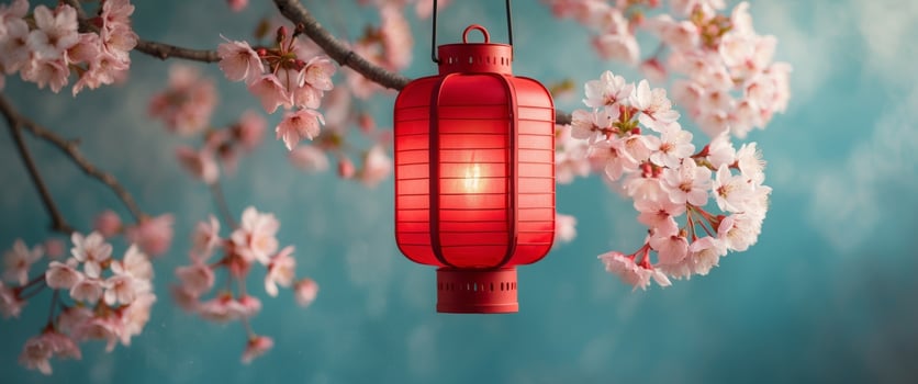 Red lantern and blooming cherry blossoms on a textured teal background. photo