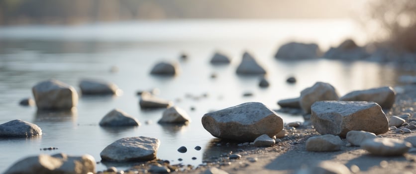 Scattered Rocks on Ground by Water in Soft Daylight photo
