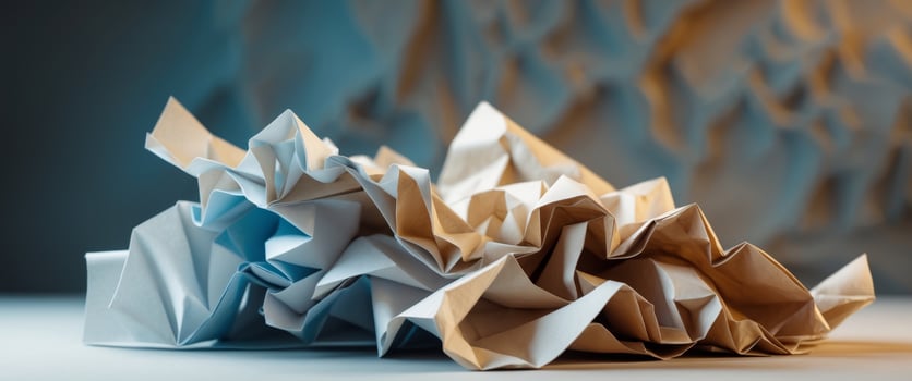 Crinkled paper in shades of blue beige and brown creates a textured and abstract background with deep shadows. photo