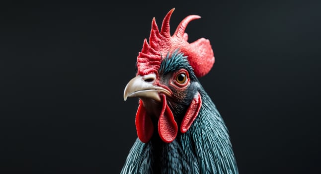 A close up of a rooster's head with a black background. photo