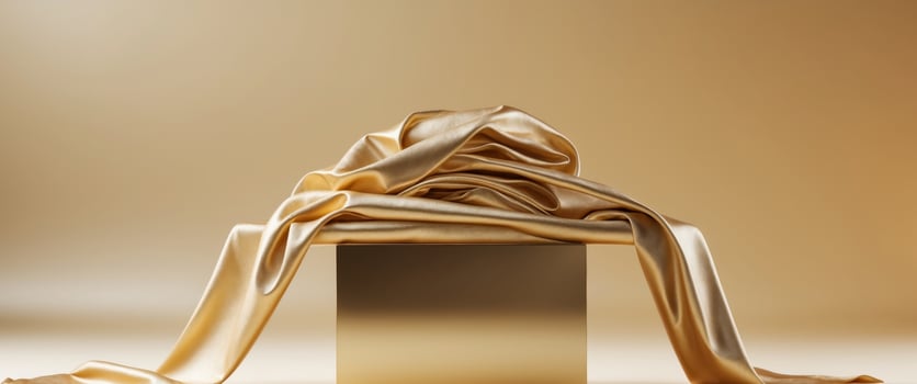 Golden luxurious fabric or cloth placed on top pedestal or blank podium shelf on gold background. photo