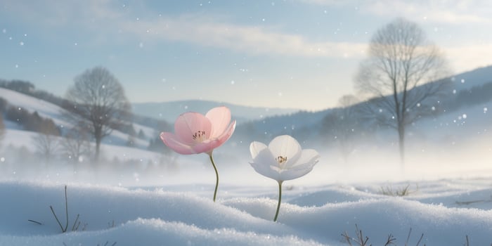 Two delicate flowers bloom amidst a snowy winter landscape. photo