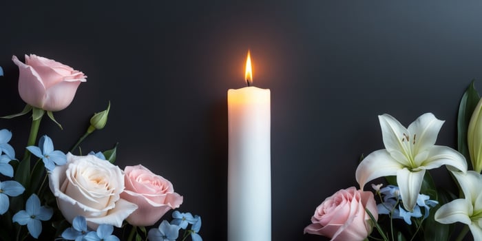 A white candle and flowers on a black background photo