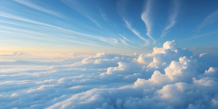 Serene Blue Sky with Wispy and Cumulus Clouds. photo