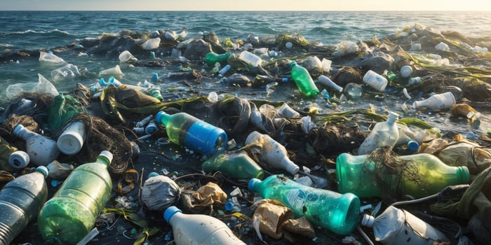 Plastic bottles and rubbish pollution in ocean photo