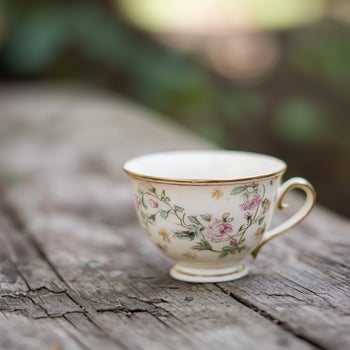 A single antique teacup resting on a weathered wooden surface, blurred natural background with copy space photo