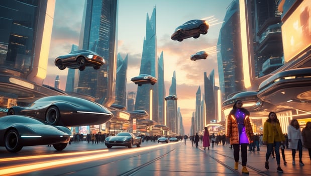 Futuristic urban landscape featuring hovering cars and pedestrians during sunset photo
