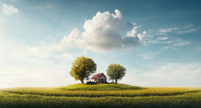 Innovative farming is transforming the landscape, featuring lush fields and a charming farmhouse under a bright sky, highlighting the impact of sustainable agriculture on rural life. photo