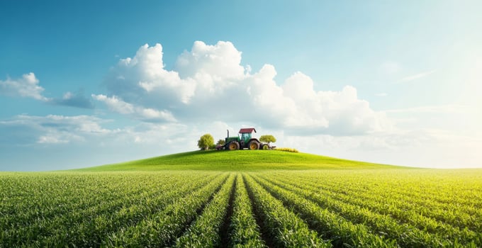 A modern tractor works diligently on lush green fields, showcasing the beauty of agriculture. The gentle hills and blue skies highlight the harmony between technology and nature during daytime. photo