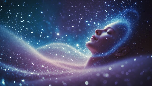 Woman surrounded by ethereal lights and cosmic dust conveying a sense of tranquility and wonder in a dreamlike atmosphere photo