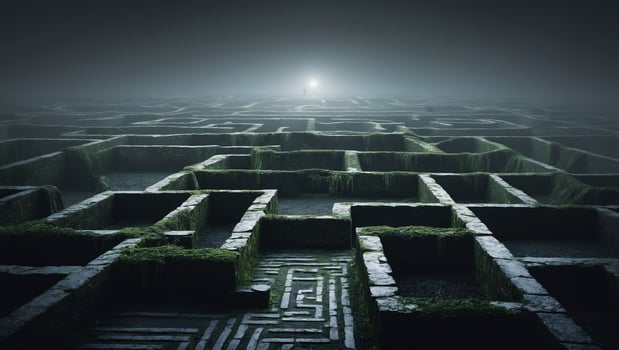 Mysterious maze illuminated by a distant light in a foggy environment during nighttime photo