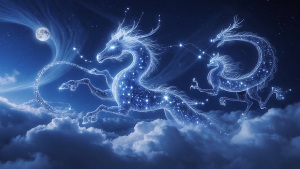 Celestial horses racing through starry clouds during a mystical night sky photo