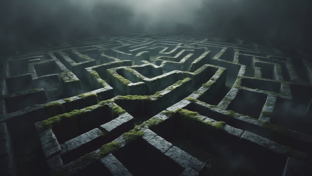Intricate stone labyrinth surrounded by mist under soft lighting at twilight photo