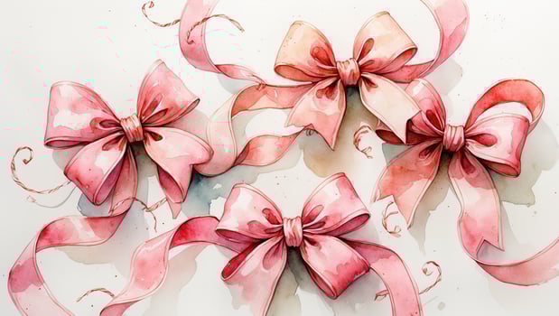 Decorative pink bows with curling ribbons on a soft background for creative projects and celebrations photo