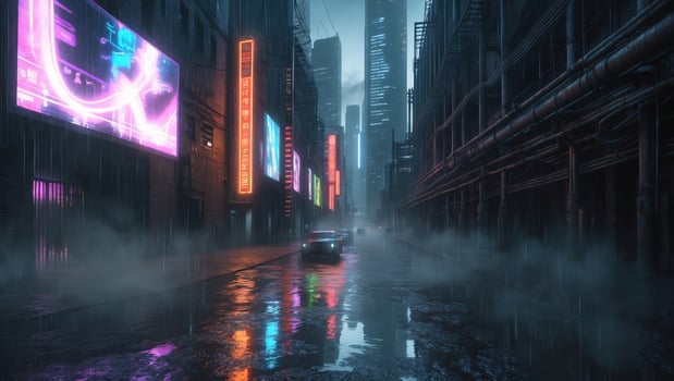 Vibrant neon lights illuminate a rainy urban alley at night, showcasing a futuristic cityscape filled with reflections and mist photo