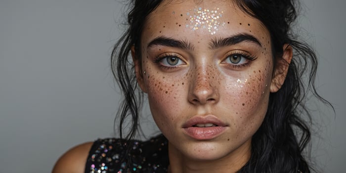 Model poses with natural makeup and freckles, showcasing unique beauty in a studio setting during daytime hours photo