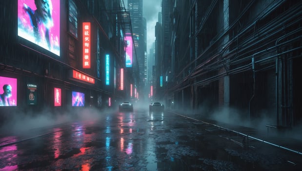 Neon-lit urban alley with futuristic cars and fog in a cyberpunk cityscape at night photo