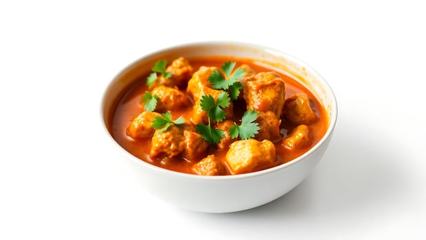 Delicious curry dish with tender chicken and fresh herbs on white background photo