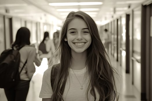 Smiling student girl standing in school hallway photo