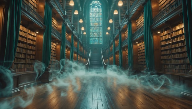 Mysterious library interior with staircase and ethereal fog at twilight photo