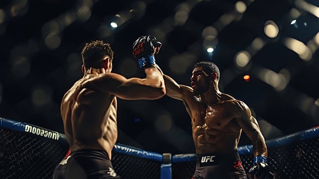 Two professional mma fighters battling in octagon ring during championship photo