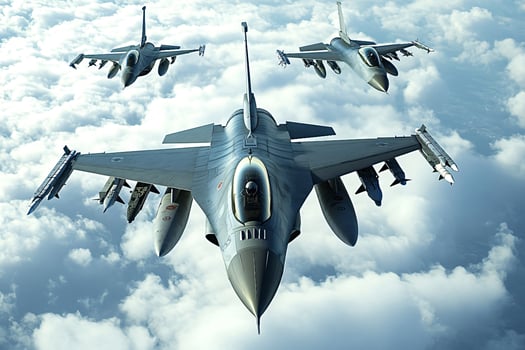 Three f-16 fighting falcon jets flying in formation over clouds photo