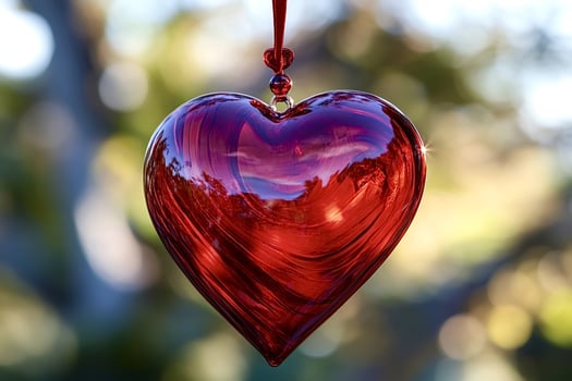 Red glass heart hanging outdoors reflecting sunlight photo