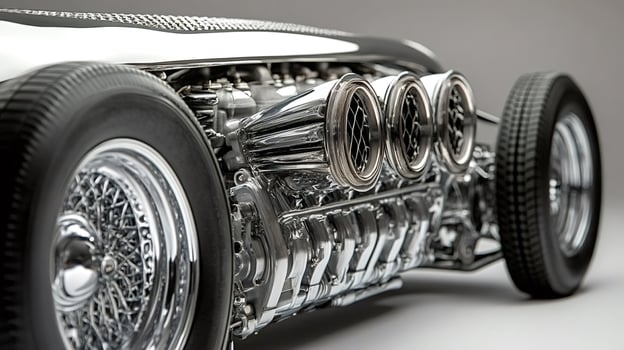 Close-up of a vintage car engine with chrome details photo