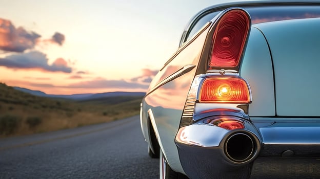 Classic car tail light on scenic road at sunset photo
