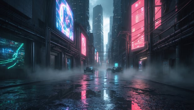 Vibrant neon lights illuminate a futuristic city street on a rainy night photo