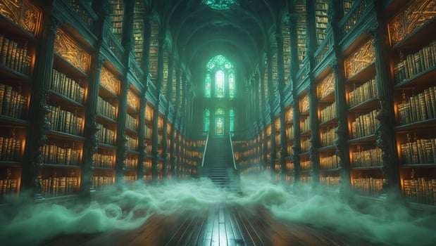 Enchanting library with ornate architecture and ethereal atmosphere filled with mystical fog photo