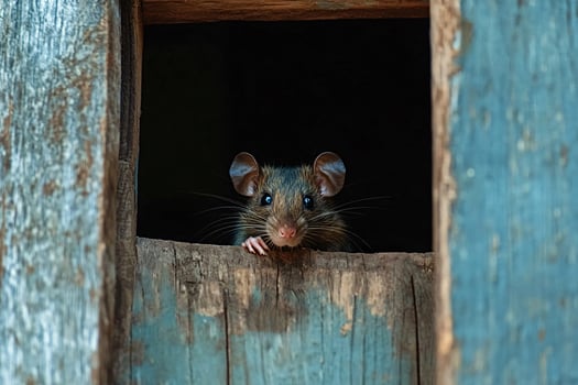 Curious rat peeking out of a hole in a wooden wall photo