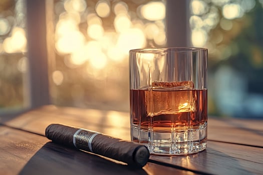 Glass of whiskey with cigar resting on table during sunset photo