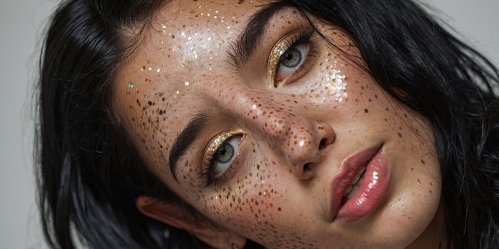 Beauty portrait of a woman with shimmering freckles and captivating blue eyes in a soft light setting photo