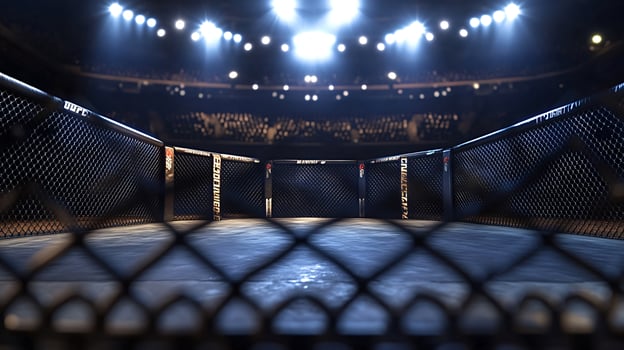 Empty mma cage waiting for the fight to begin in arena photo