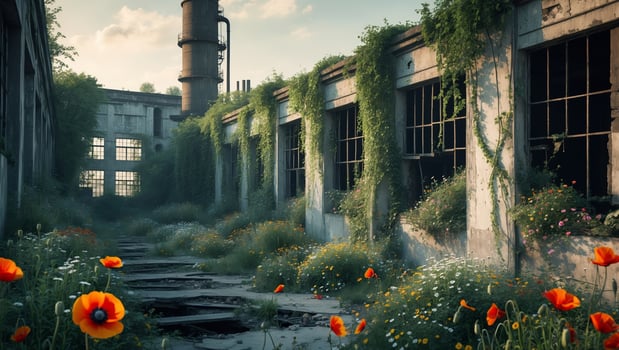 Overgrown industrial ruins filled with wildflowers during golden hour in a forgotten location photo