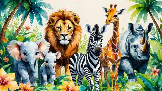 Colorful wildlife illustration featuring diverse animals in a lush tropical setting photo