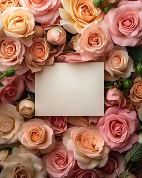 Blank Card Surrounded by Pink Peach Roses photo